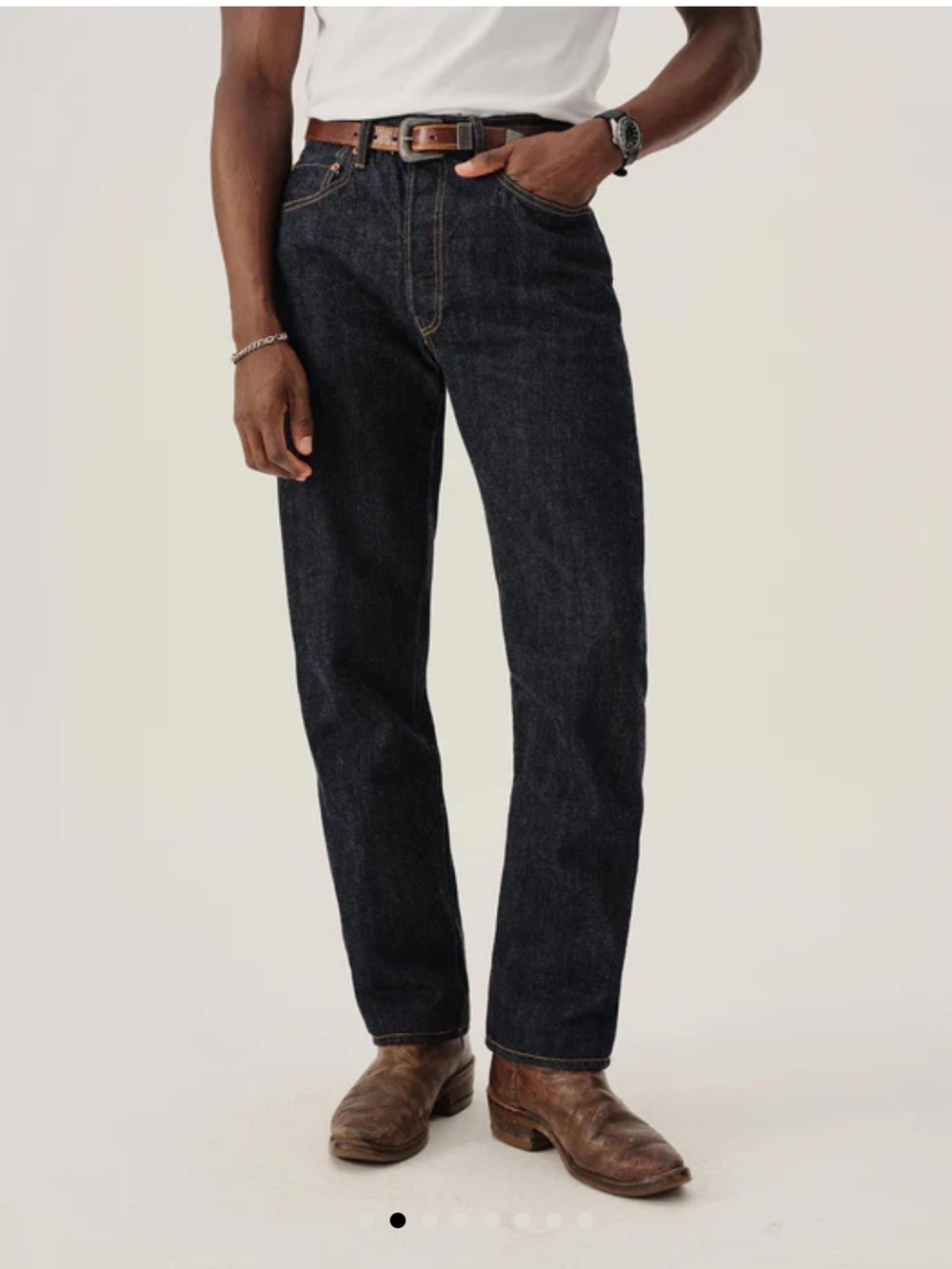 Buck Mason Japanese Loomstate Selvedge Cowboy cut dark wash jeans